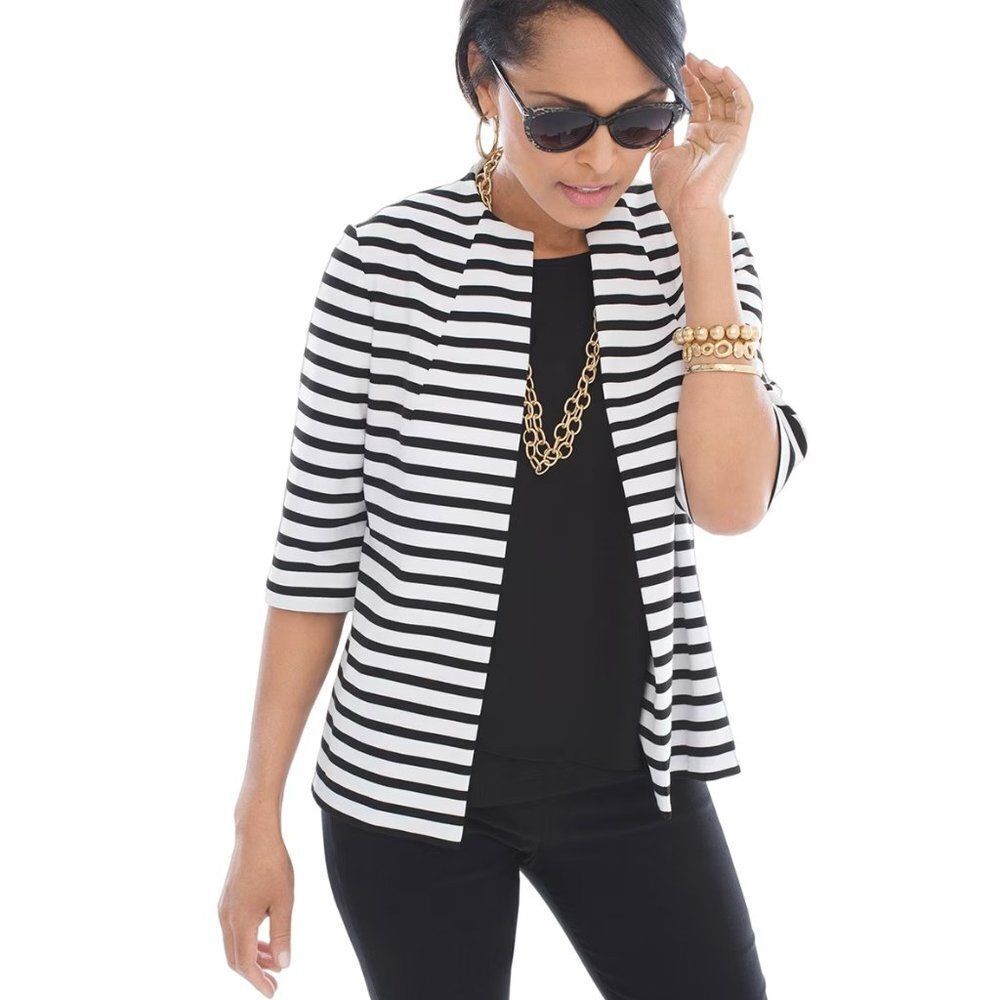 Chico's Black & White Striped Open-Front Jacket